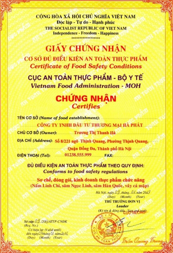 Giấy phép an toàn vệ sinh thực phẩm